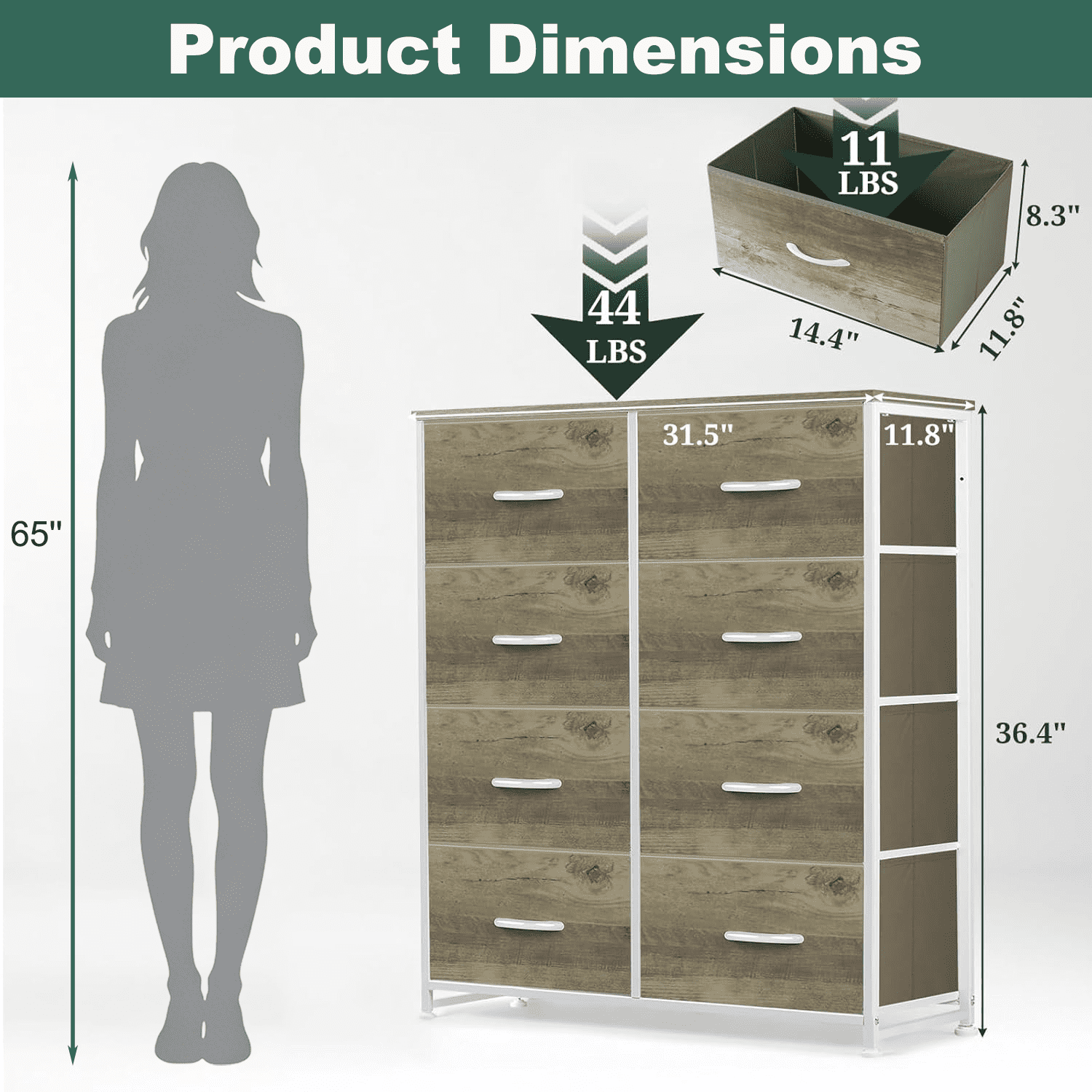 Aidoly 8-Drawer Wide Fabric Storage Dresser with Wooden Top - Space-Saving Bedroom & Closet Organizer, Greige Oak