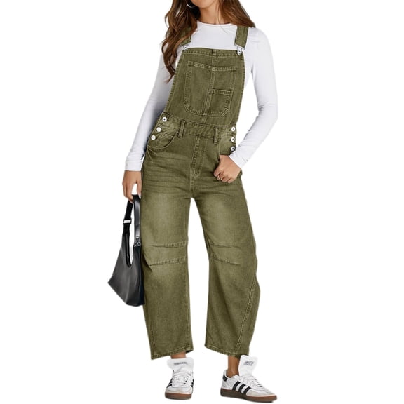 Women Sleeveless Denim Overall Pants Casual Loose Barrel Leg Jeans Jumpsuit with Pockets
