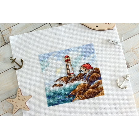 UPC: 4627167306101 | Cross Stitch Kit Sea Landscape SM-624 Needlework Easy Red Blue By MP Studia Sea Rock Brown