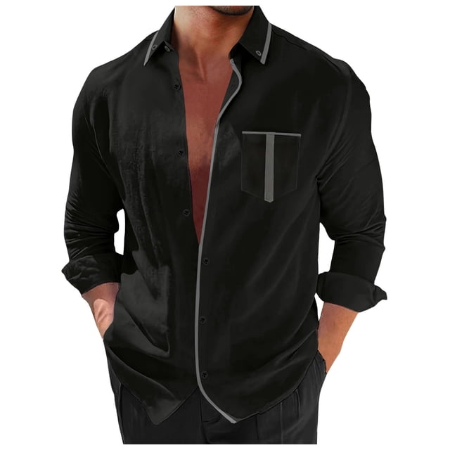 Men's Long Sleeve Lapel Patchwork Shirt Casual Holiday Cardigan Tops for Fall Winter Layering