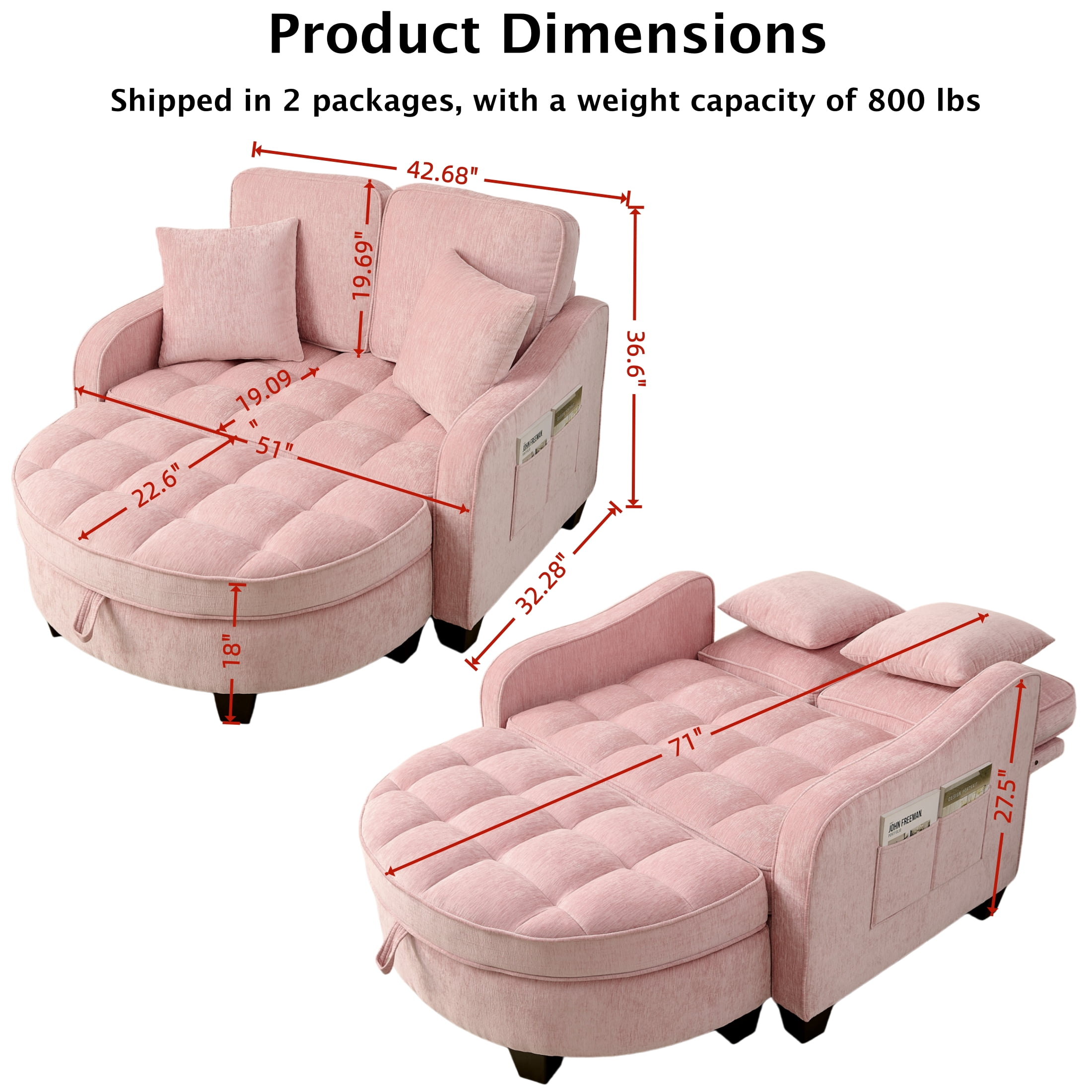 ShiKeyi 2 Seater Sofa with Double Chaise Lounge and Storage Ottoman, Adjustable Backrest Chenille Couch with Side Pockets and 2 Pillows, Pink