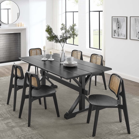 Modway Windchime 71" Wood Dining Table with Trestle Base in Black