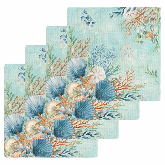 Teal Beach Coastal Kitchen Dish Towels for Drying Dishes Set of 4, Summer Nautical Coral Shell Botanical Waffle Weave Microfiber Hand Tea Bathroom Towels Quick Dry & Absorbent Towel 12x12