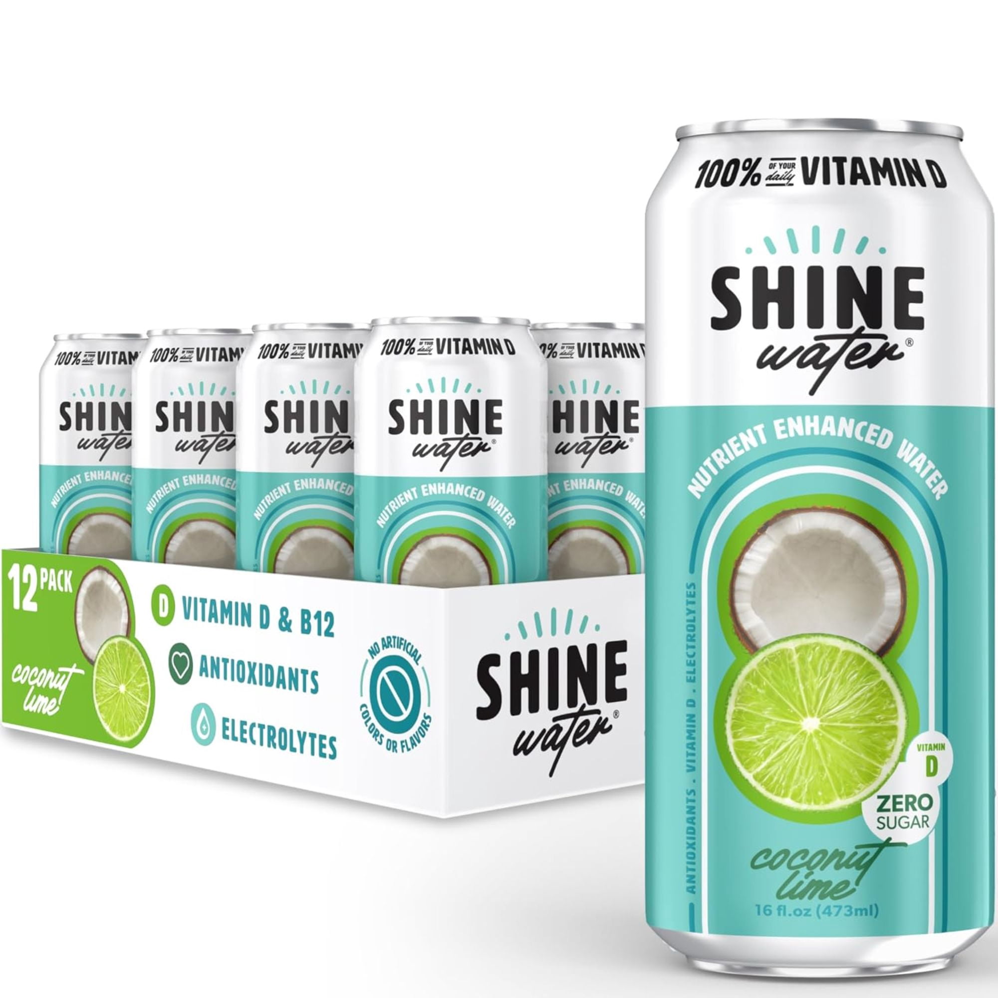 Shine Water Coconut Lime Vitamin D Electrolyte Drinks 12-Pack, Sugar Free Flavored Water with Magnesium, Zinc & Antioxidants, Low Calorie Hydration