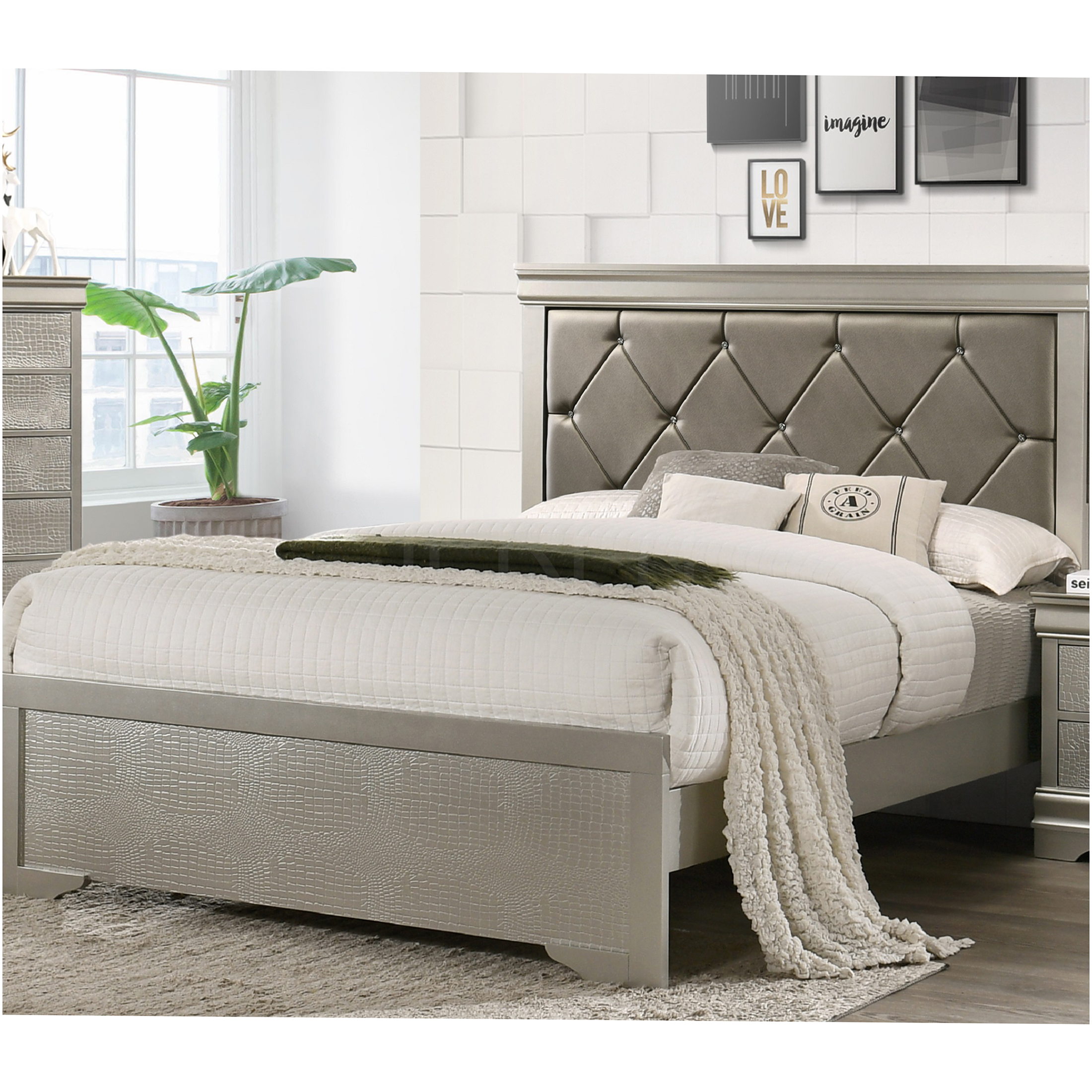 JERFIT King Size Upholstered Bed Frame with Button Tufted Headboard, Modern Beige Crocodile Texture Panel Bed for Master Bedroom, Solid Wood Structure