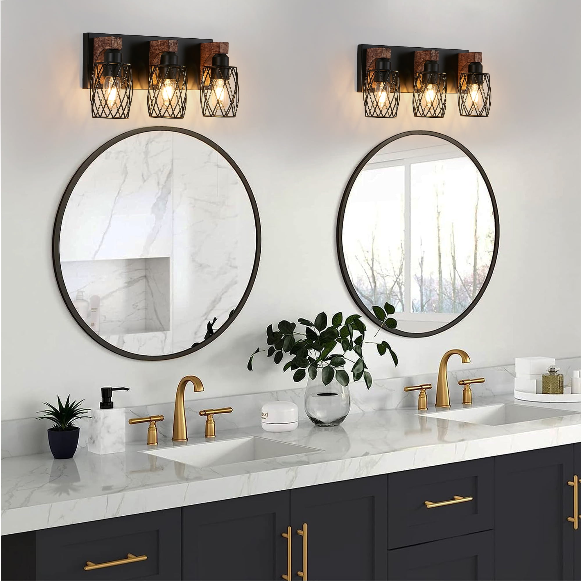 Miniyam 17.5 in. W 3 Lights Vanity Light Industrial Walnut Black Wall Sconce Black Cage Lighting Fixture for Bathroom Over Mirror, E26, No Bulbs Included