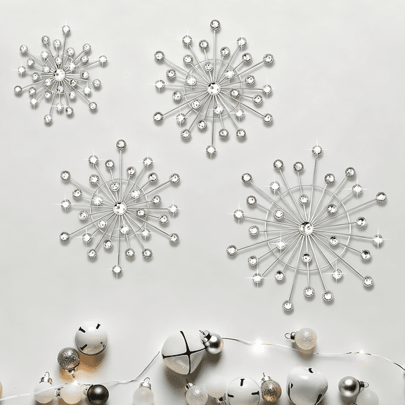 4PCS Starburst Metal Wall Decor Set, Silver Mid Century Wall Art for Living Room Bedroom, Vintage Iron Wall Sculptures in Multiple Sizes, Modern Starburst Wall Accents for Home Decorations