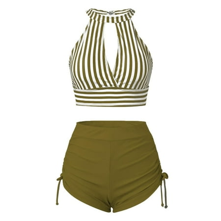 Hogloyecr Strapless Bikini Sets for Women Halter Tie Bottom Bikini Set Yellow Sports Swimsuit for Women Swimsuits Ruched High Waist with Bottom CountryGreenS