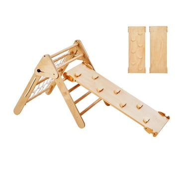 KFFKFF Pikler Triangle Set, Quadruple Play Indoor Climbing Equipment for Toddlers, Expansive Wooden Gym for 1-3 Year Olds Montessori Style Climbing Kit with Triangle and Ramp, Natural Wood Hue