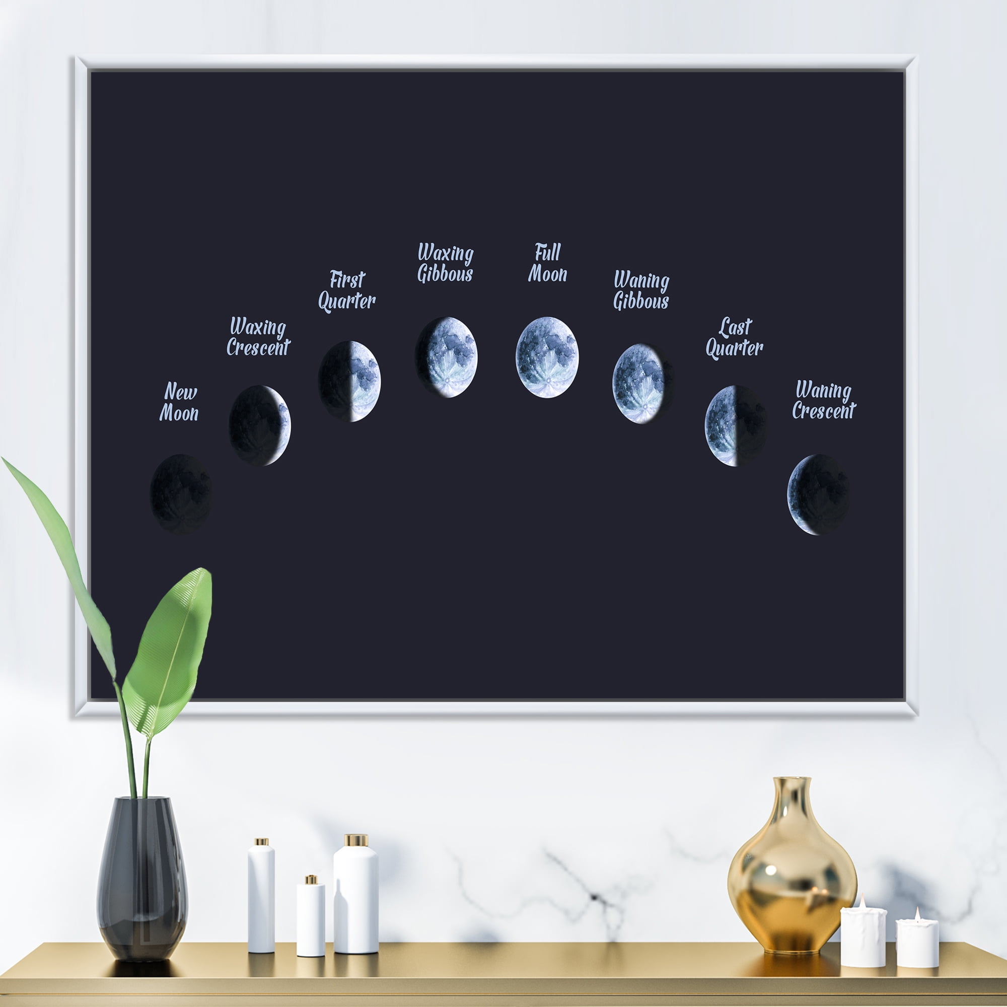 Designart 'Different Moon Phases In Space' Bohemian & Eclectic Framed Canvas Wall Art Print