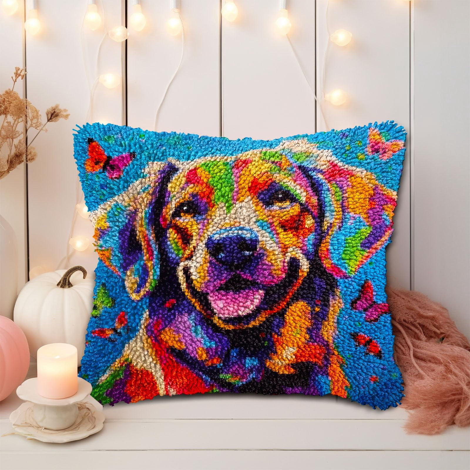 Brittany Spaniel and Colorful Butterflies DIY Latch Hook Pillow Kits for Adults Printed Pillowcase Crochet Yarns Hooking Handmade Pillow Cover Cushion for Home Sofa Decoration 17x17inch(2)