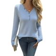 thumbnail image 3 of Women'S V-Neck Long Sleeve Striped Knit Button Shirt Autumn Casual Loose Elegant Tunic Top Blue S, 3 of 10
