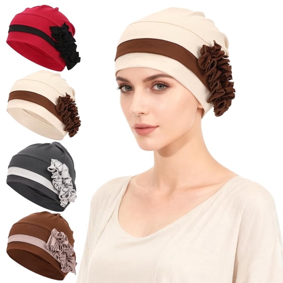 Phogary 4 Pieces Cotton Chemo Turban Headwear, Soft Cancer Headwear Elastic Chemo Hats Sleep Head Scarf for Women with Hair Loss Turbans Cap Beanie Hat, 4 Colors Black, red, brown, beige