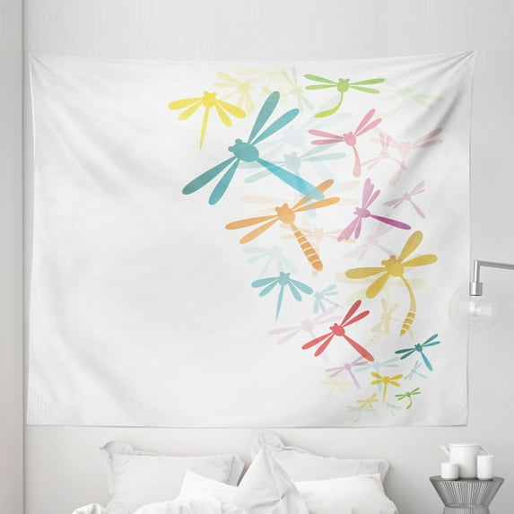 Dragonfly Tapestry, Silhouette of Flying Winged Insects Bugs Nature Pattern in Several Tones Art, Fabric Wall Hanging Decor for Bedroom Living Room Dorm, 5 Sizes, Multicolor, by Ambesonne