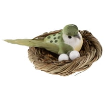 Small Artificial Feathered Bird Figurines in Straw Nest with Eggs Garden Decor
