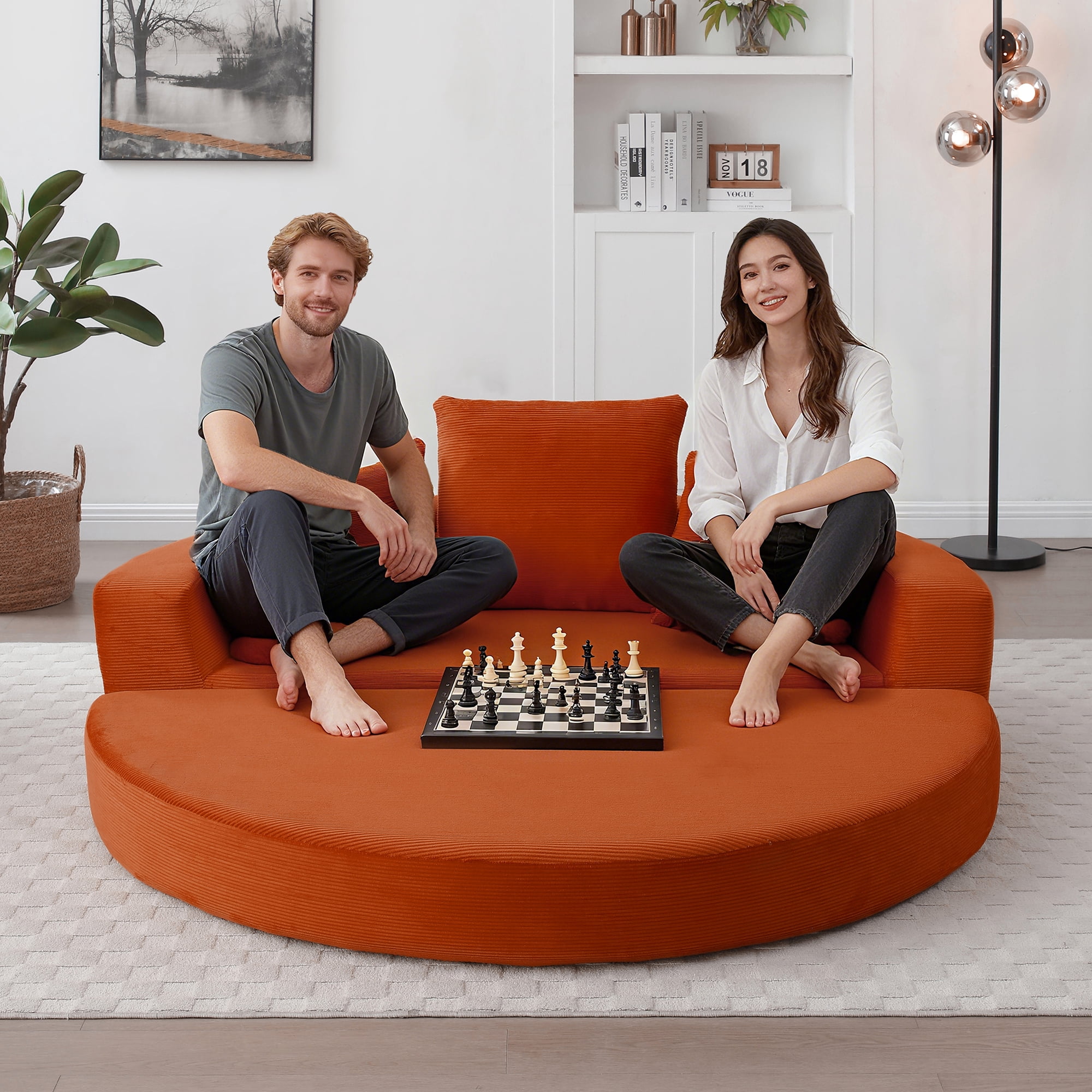Miniyam 67" X 67" Convertible Sofa Corduroy Couch Bed For Apartment, Adjustable Futon Sofa No Assembly Compressed Sofa, Orange