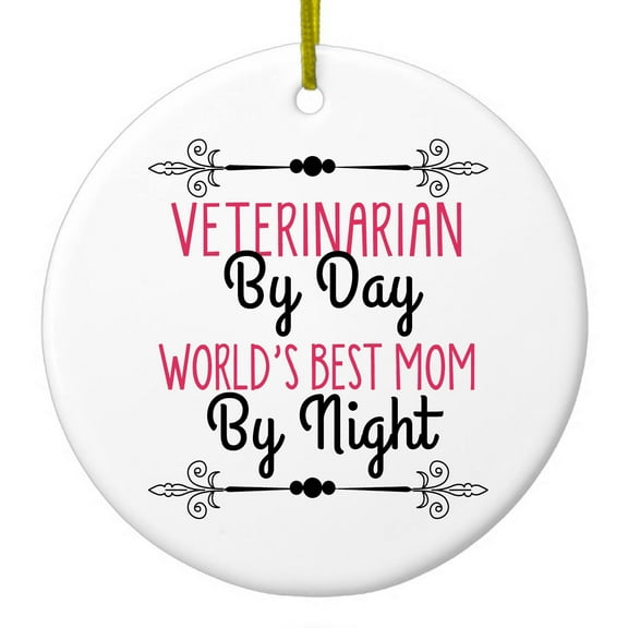 DistinctInk Hanging Ceramic Christmass Tree Ornament with Gold String - Great Gift / Present - 2 3/4 inch diameter - Vet By Day, Best Mom By Night