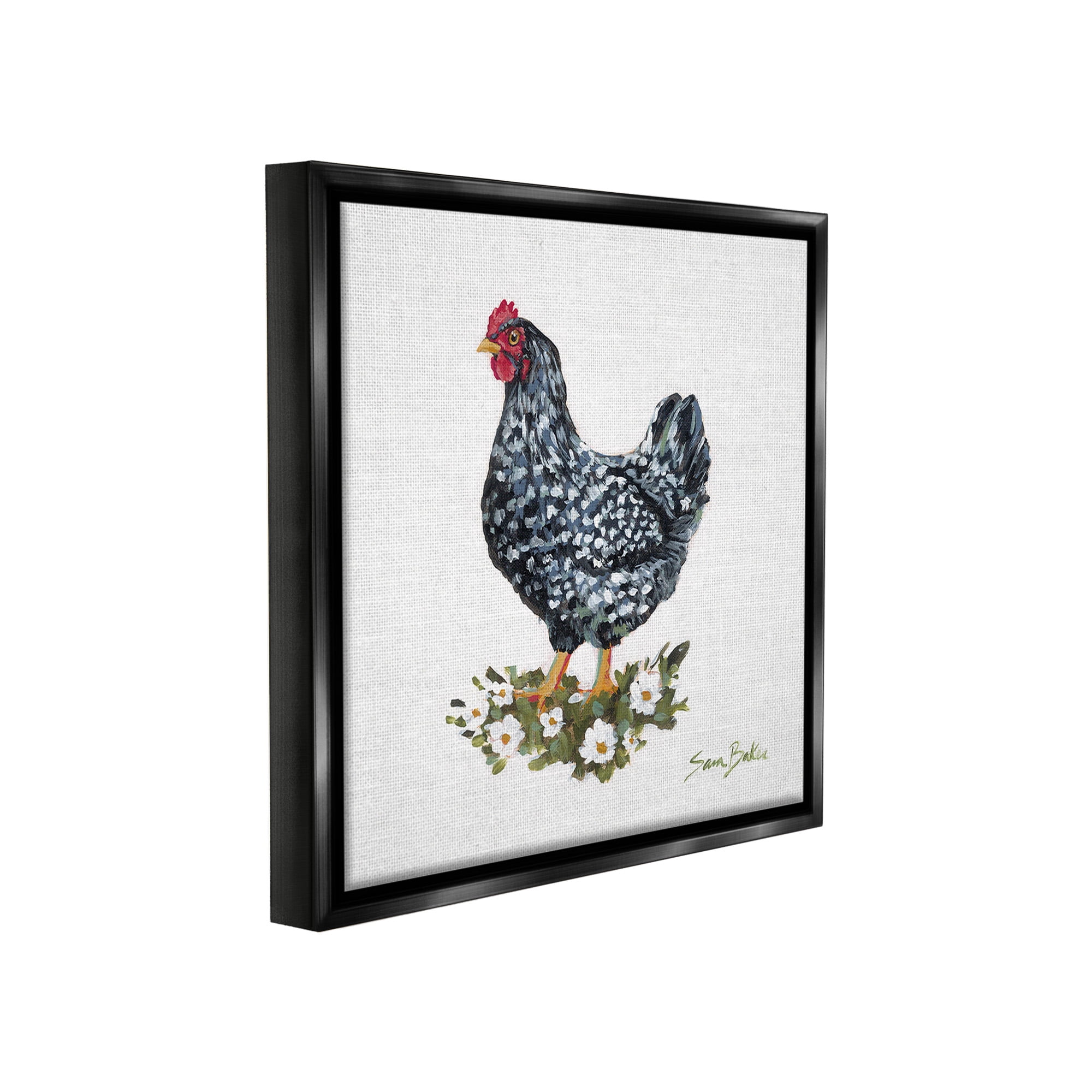 Stupell Industries Country Hen with Daisies Animals & Insects Painting Black Floater Framed Canvas Art Print Wall Art, 18 x 18