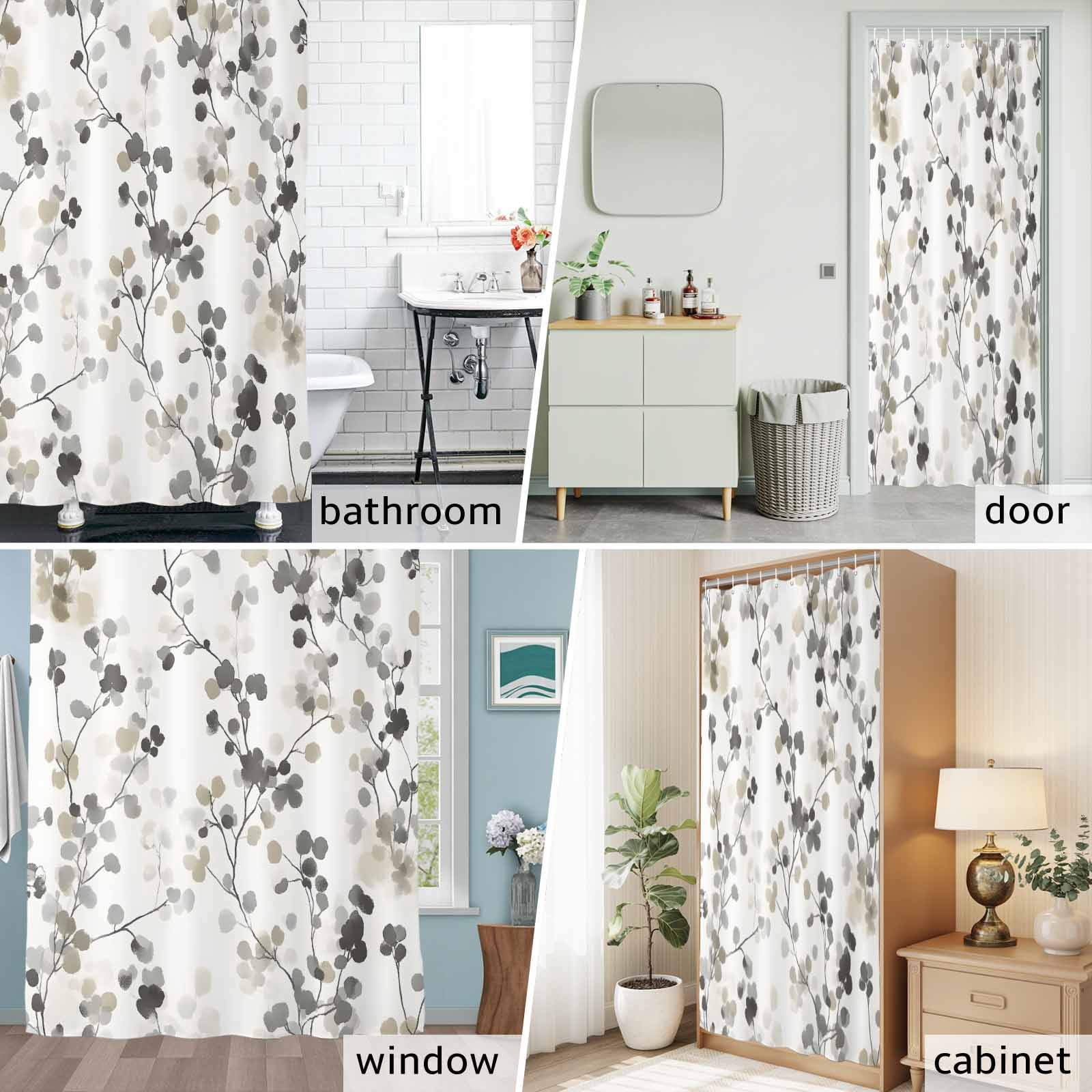 Shower Curtain Bathroom Set Gray Brown Botanical Watercolor Waterproof Fabric Shower Curtains with Grommets&Hooks, Retro Country Floral Leaves Privacy Bath Curtain for Bathtub 72x72in