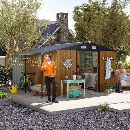 10x12 FT Outdoor Storage Shed - Extra Large Metal Shed with Dual-Zone Design, Sliding Doors & Ramp, Lockable Steel Tiny House for Garden/Backyard, Firewood Storage & Chicken Coops (Yellow)