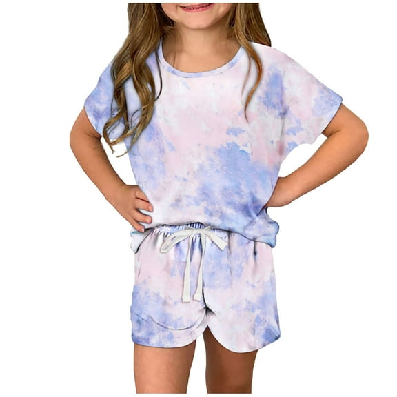 Darzheoy Toddler Girls Outfits Loose Tie-Dyed T-Shirt And Shorts Comfortable Round Neck Summer Short Sleeve Casual Printed Sets ,Size 3-13 Years