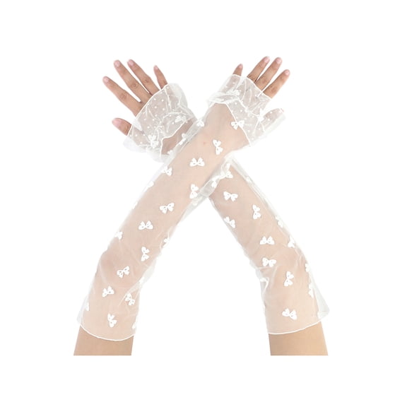INSPIRE CHIC Women's Long Polka Point Bowknot Lace Pleated Gloves Fashion Fingerness Arm Sleeves for Female Vintage Opera Dance Party White1