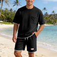 thumbnail image 5 of Mens Track Suits 2 Piece Set Short Sleeve Crew Neck Summer T Shirt And Drawstring Casual Track Shorts Sportswear Sets T Shirts Shorts Sets Fashion Retro Textured Sweatsuit Black M, 5 of 5
