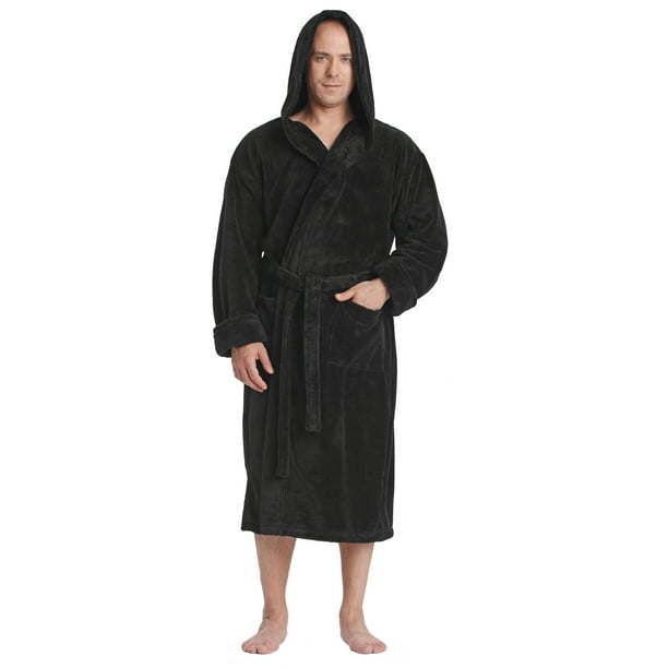 Arus Men's Hooded Satin Look Fleece Plush Robe Turkish Bathrobe