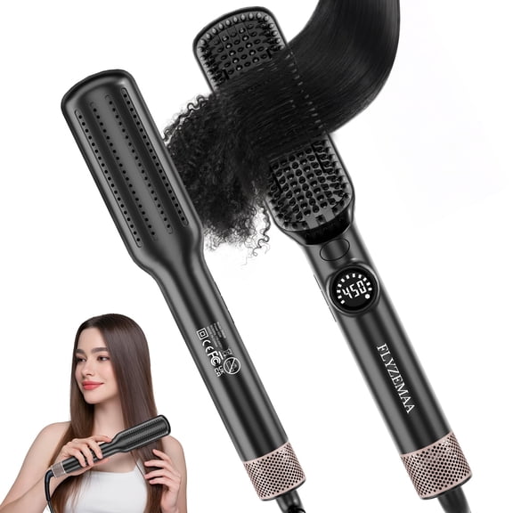 FLYZEMAA Hair Straightener Brush 2 in 1 Straightening Brush for Women with 7 Temps, Dense Bristles Anti-Scald Hot Comb for Thick Curly Hair Negative Ions, Dual Voltage, LCD Display(Black)