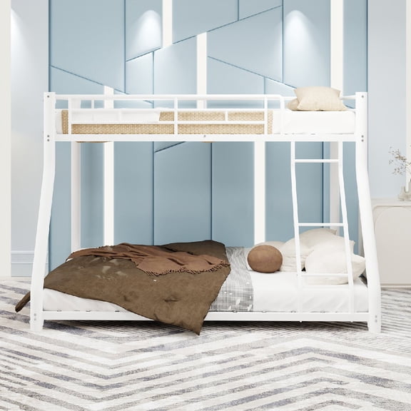 QJTC Twin over Full Bunk Bed with Safety Guardrail and Ladder, Heavy Duty Bed Frame for Bedroom Dorms, Noise-Reduced Design, White