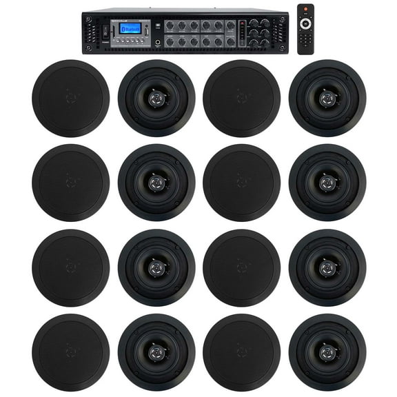 Rockville 6-Zone 70v Amplifier (16) 5.25" Black 2Way Restaurant Ceiling Speakers