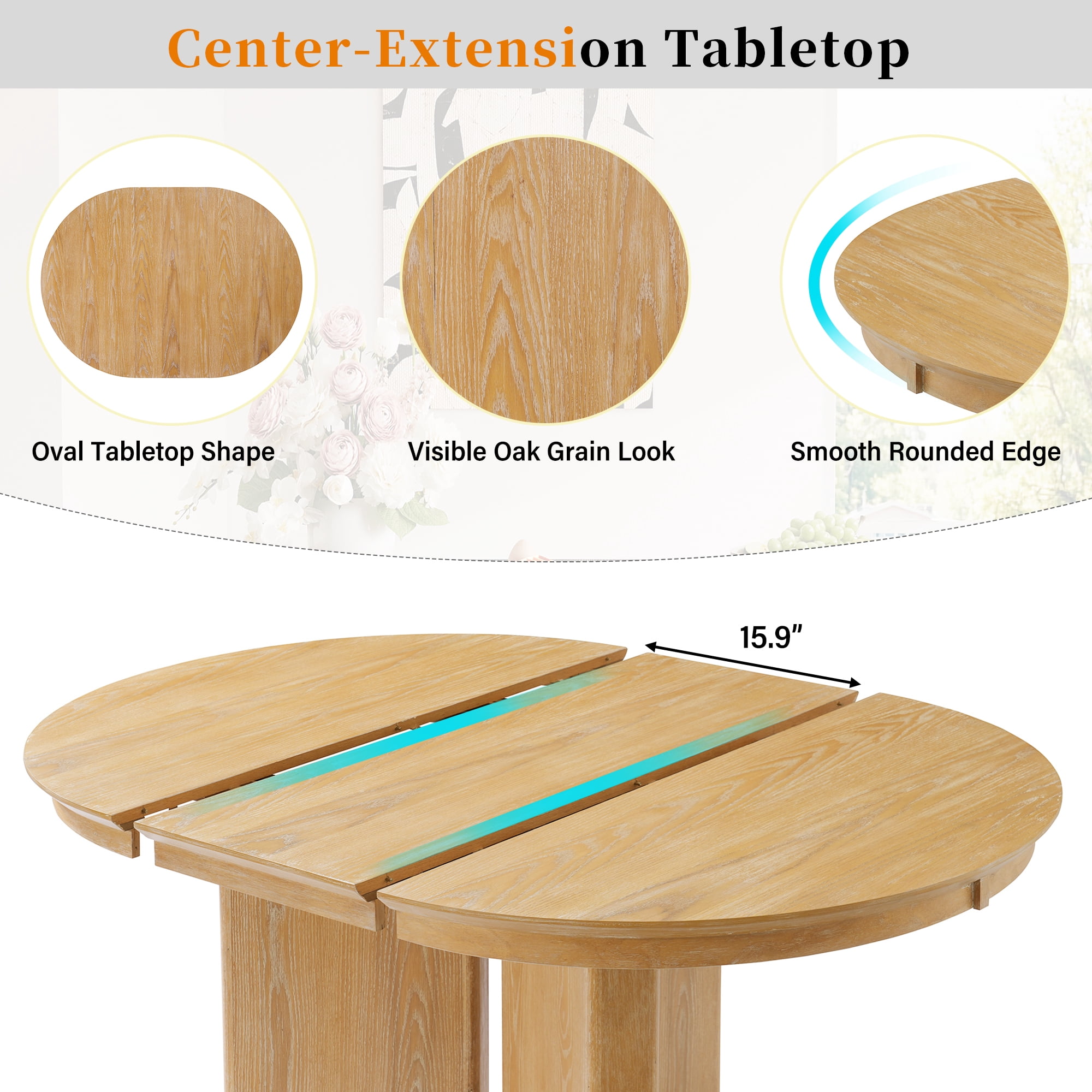 42-58 Inch Extendable Oval Dining Table with Pedestal Base, Modern Farmhouse Kitchen Table and Dining Room Centerpiece, Natural