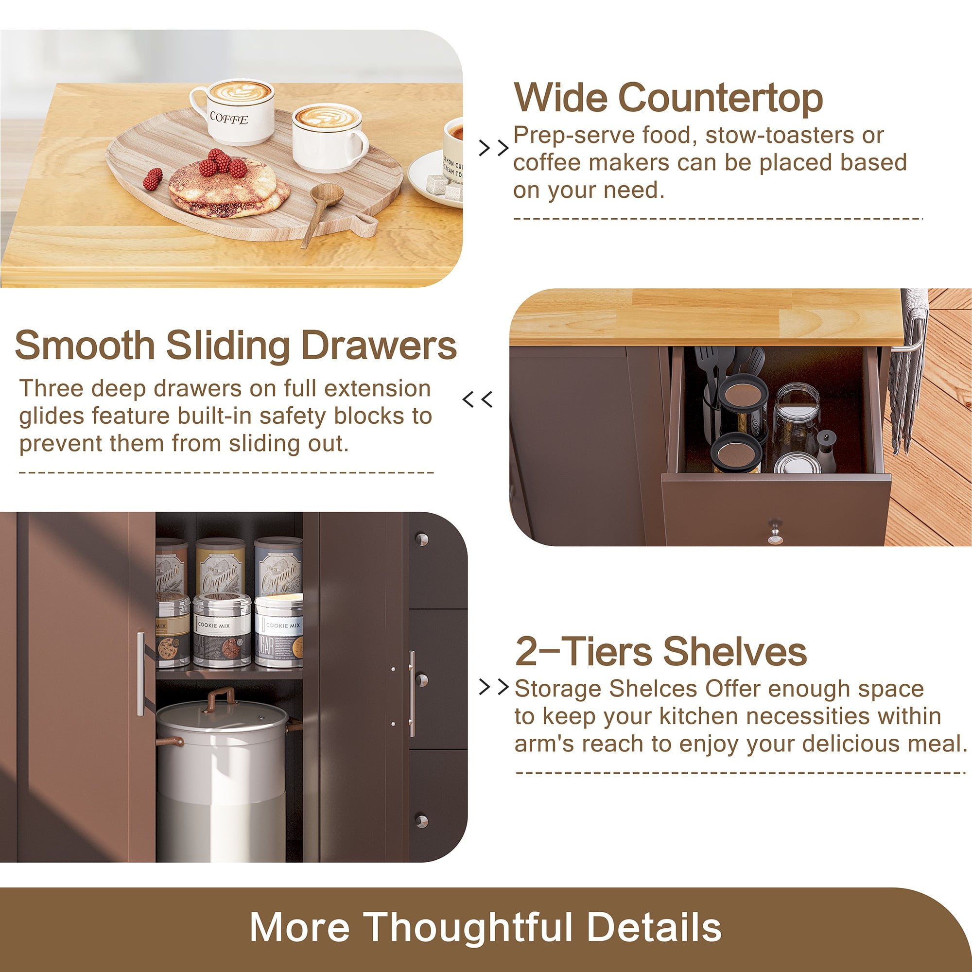 Walsunny 40" Kitchen Islands Carts with Storage Drop Leaf Countertop on Wheels Rolling Microwave Utility Carts with 3 Drawers 1 Storage Cabinets,Brown