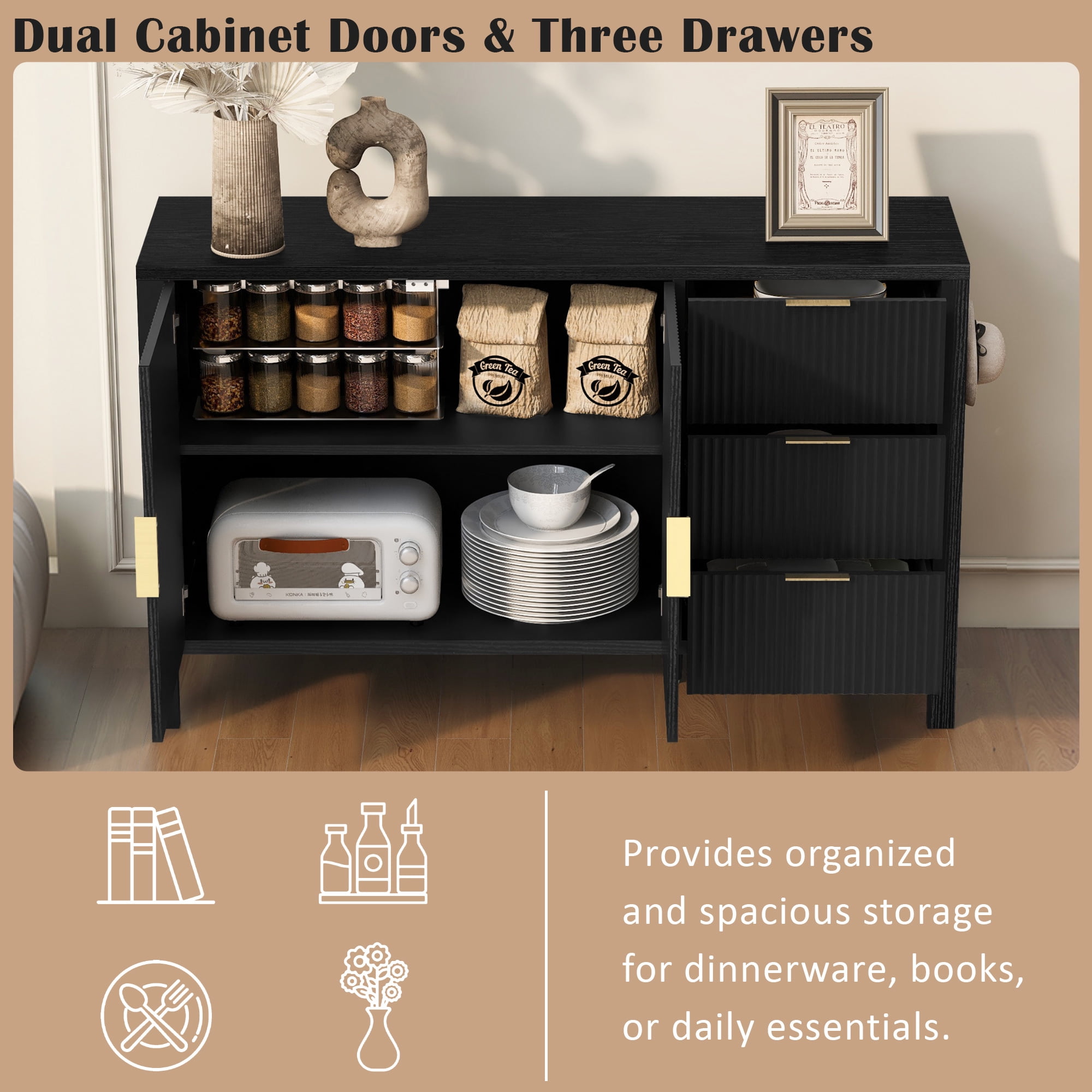 Modern Sideboard with 3 Drawers,Wave-Pattern Storage Buffet Cabinet with Hooks,for Kitchen Living Room,Dining Room