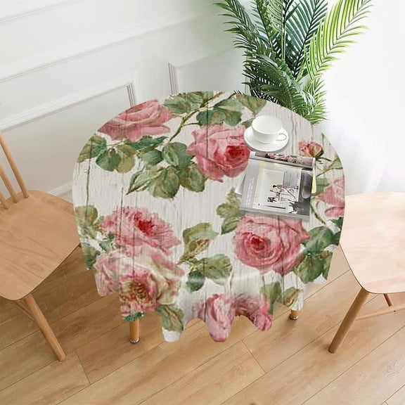 RKSupls 60 Inch Round Tablecloth, Pink Roses Wood Premium Polyester Straight Edge Wrinkle Resistant Washable Table Cover for Party Home Dining Decor