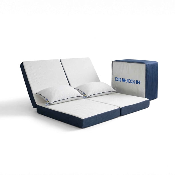 Colchón Plegable King DR JOOHN | 4 Secciones | Incluye 2 Almohadas Nube de Espuma Viscoelástica (Memory Foam) Triturada | Portátil | Funda Removible | 190 x 200 x 10 cm