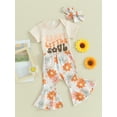 thumbnail image 3 of FEORJGP Toddler Girls Summer Pants Outfits Infant Baby Short Sleeve Romper Letter Print Jumpsuit Crew Neck Bodysuit with Flower Pattern Pants Flare Treaband Set Newborn Loose Casual Clothing, 3 of 9