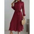 thumbnail image 4 of ZOELNIC Women's Mock Neck Long Sleeve Dress High Waist Belted Pleated Flowy A-Line Cocktail Party Maxi Dress, L, 4 of 7