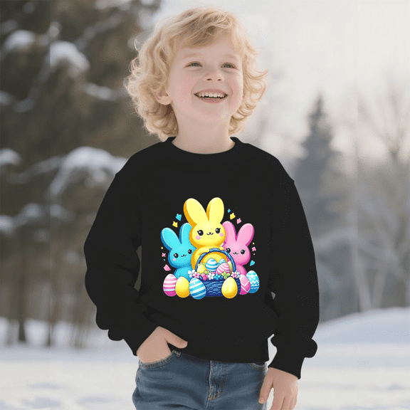 Little Boy Colorful Easter Bunnies Crewneck Sweatshirt - 100% Cotton Long Sleeve Pullover for Easter and Casual Wear