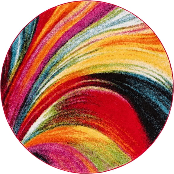 Well Woven Aurora Multi Red Yellow Orange Swirl Lines Modern Geometric Abstract Brush Stroke 5x5 (5'3" Round) Area Rug Easy Clean Resistant Shed Free Contemporary Painting Art Stripe Thick Soft Plush