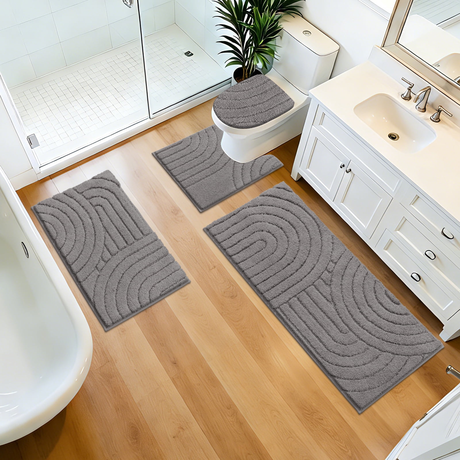 Ileading Bathroom Rugs Sets 4 Piece with Toilet Lid Cover, Non Slip Bathroom Mats Extra Soft Bath Rugs Absorbent Shaggy Rugs Perfect Plush Mats