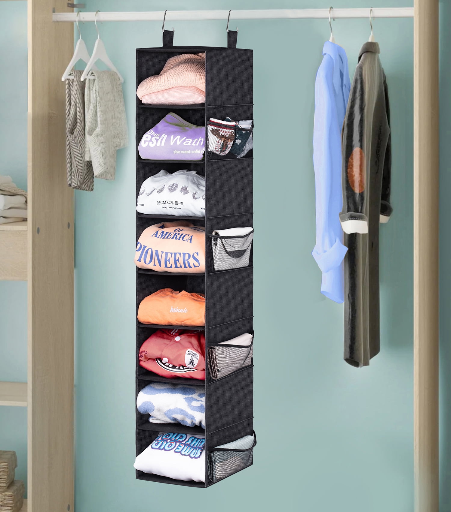 MISSLO 8-Shelf Hanging Shoe Organizer Clothes Closet Organizers and Storage  Shelves Hat Holder with Large Shelf and Side Mesh Pockets for Hats Handbags  Kid Sweater, Grey – Built to Order, Made in