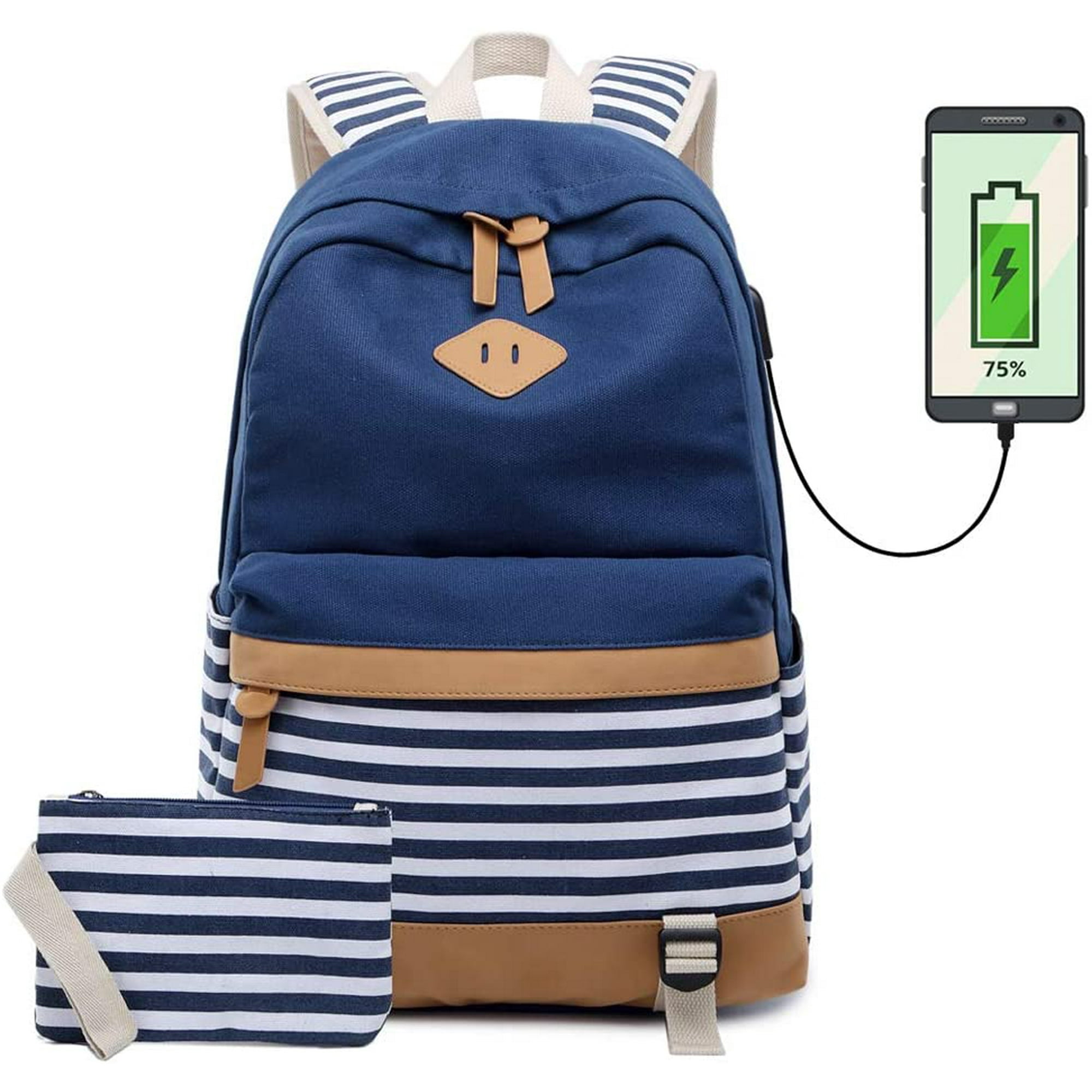 Durhf School Backpack Girl Teenager Stripe School Bag Canvas Backpack With 15.6 Inch Laptop Compartment With Usb Charging Port And Purse Bag 2 Pieces