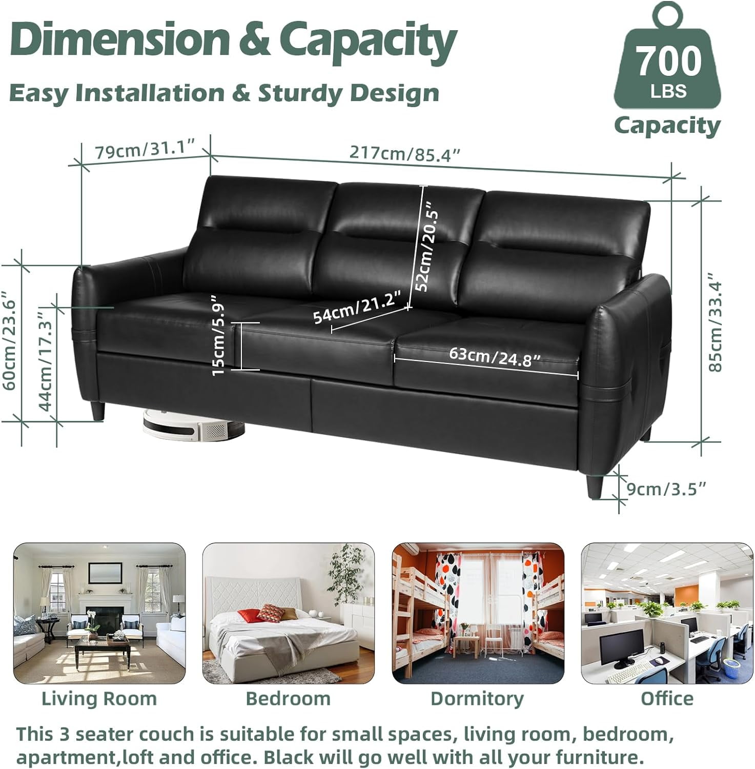 Coewske 85''W 3-Seater Modern Faux Leather Sofa Couch Living Room Office w/ USB Ports Black