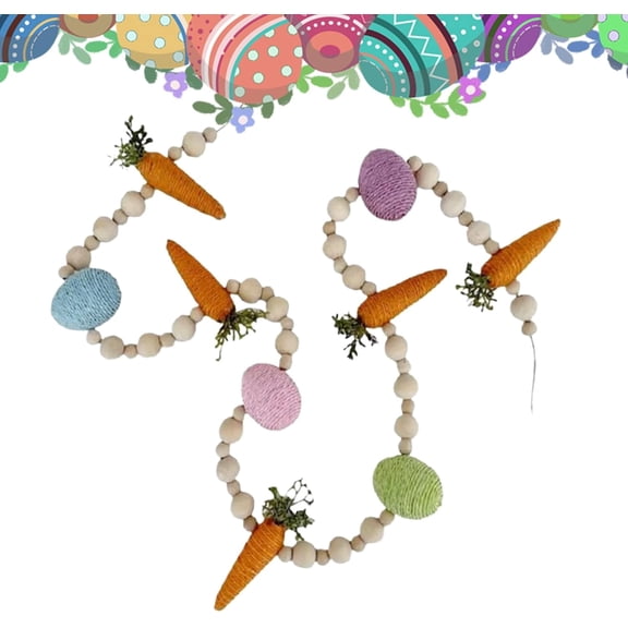 Easter Garland | Carrot Egg Rustic Decor with Wooden Beads - Bunny Easter Garlands,for Spring Garden Indoor Holiday Party Home Room(wwx)