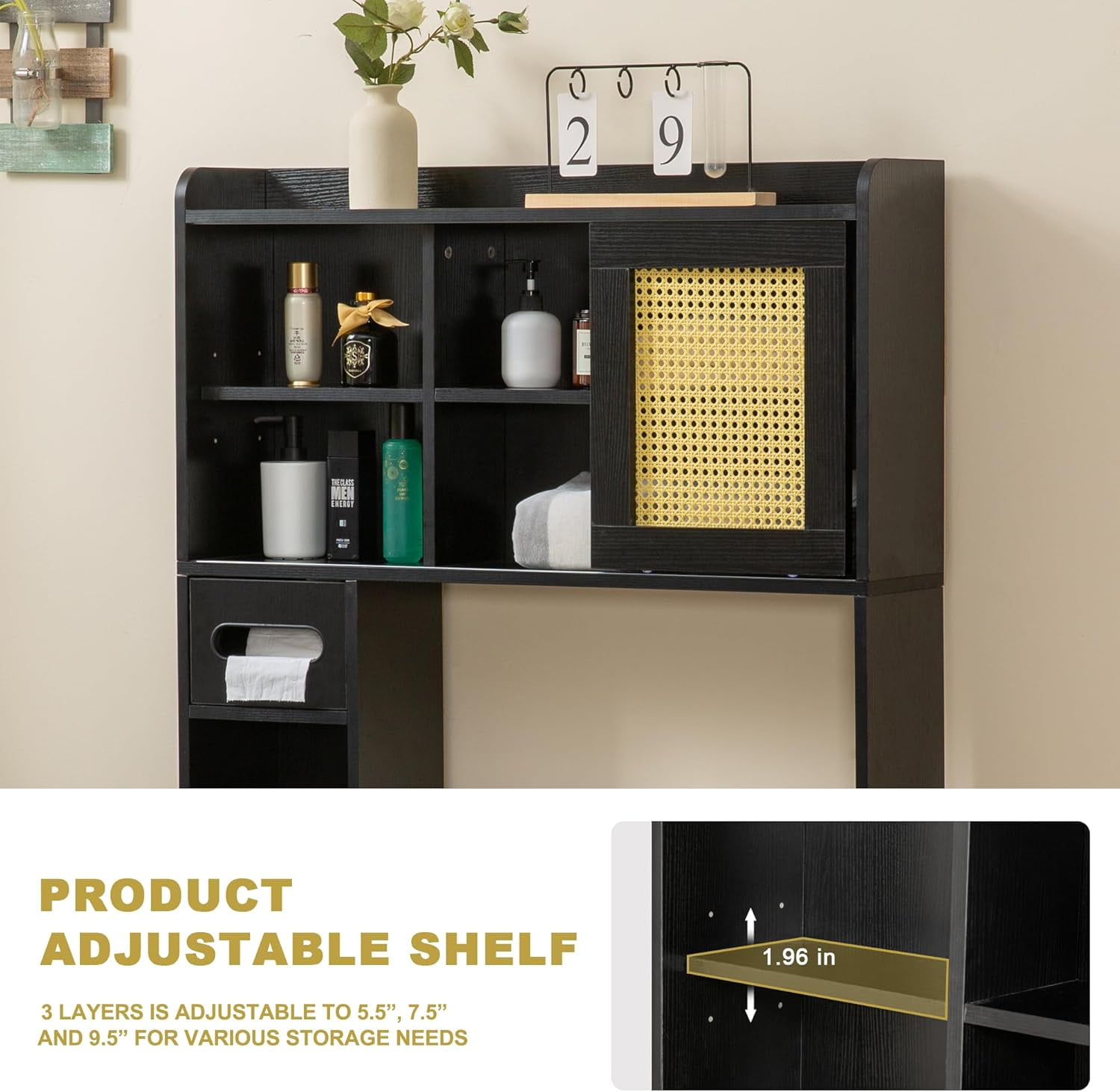 Reliancer 6-Tier Over The Toilet Storage Cabinet, Bathroom Space Saver Organizer Shelves with Sliding Door, Adjustable Shelves