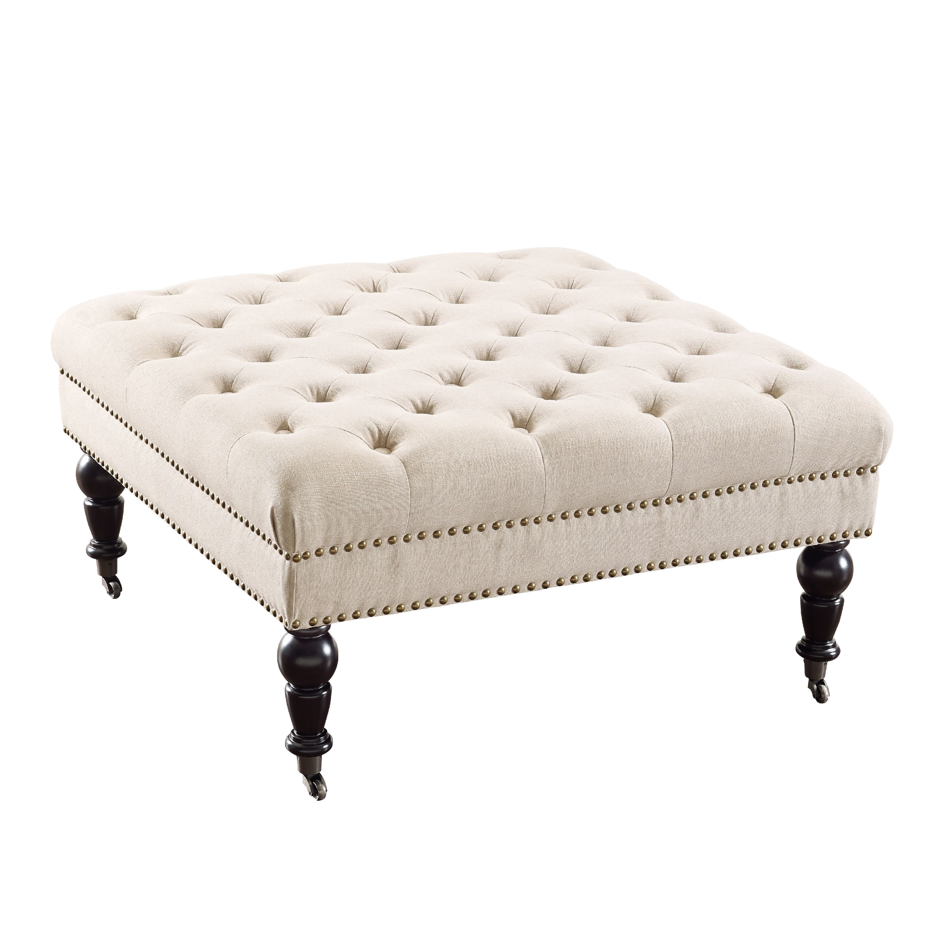 Linon Isabelle Square Upholstered Ottoman Black Legs in Natural Beige Fabric