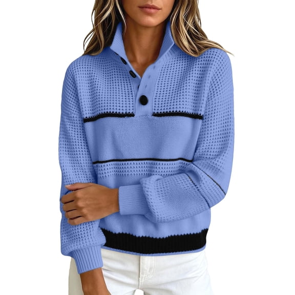 Vynhevius Women's Henley Sweater Striped Colorblock Waffle Knit Long Sleeve Loose Fit Fall Casual Pullover Knit Tops
