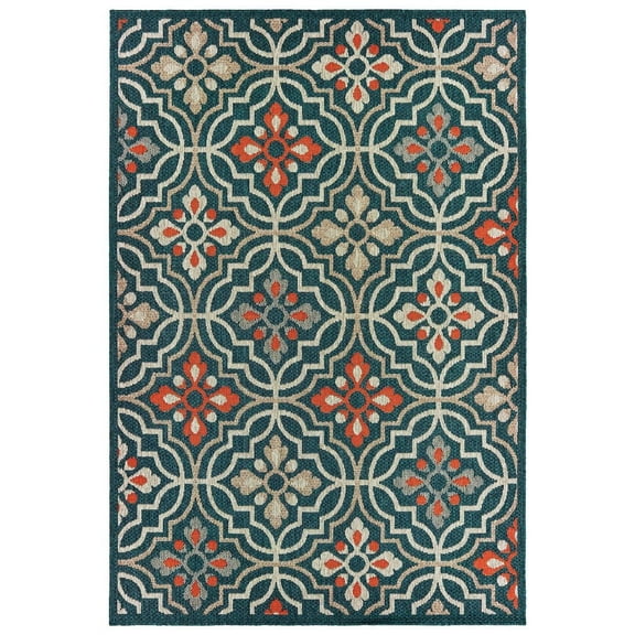 Oriental Weavers Latitude Indoor/Outdoor Rug - 709B3 - 3'3" x 5' - in Teal/ Orange - Eclectic Global Style, Water, Stain and Fade Resistant, Hose Clean, Patio, Outdoor Living Area Rug