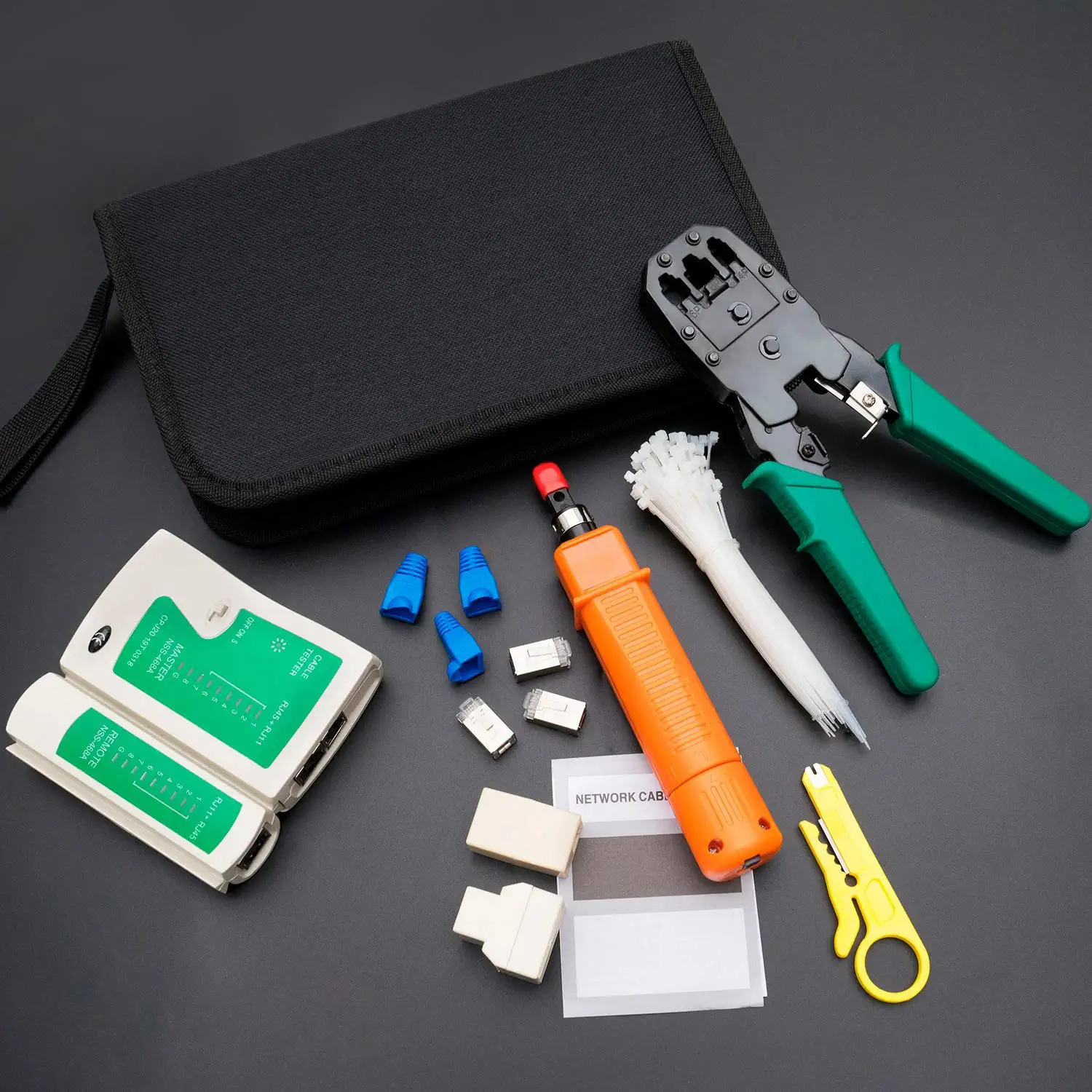 Network Tool Kit for Cat5 Cat5e, 9-in-1 Portable Crimping Tool Kit, 8P8C 6P6C 4P4C Connectors, RJ11/RJ12/RJ45 Cat5 Cat5e Network/Phone Cable Tester with Punch Down Tool, Black
